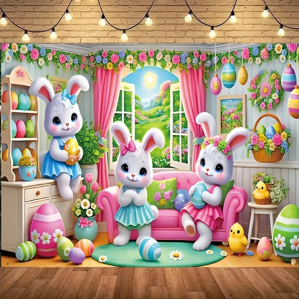Oster-Macaron Rosa Cartoon-Hasen Themenbanner Hintergrund, Kindergeburtstag, Heimdekoration Fotografie-Hintergrundstoff