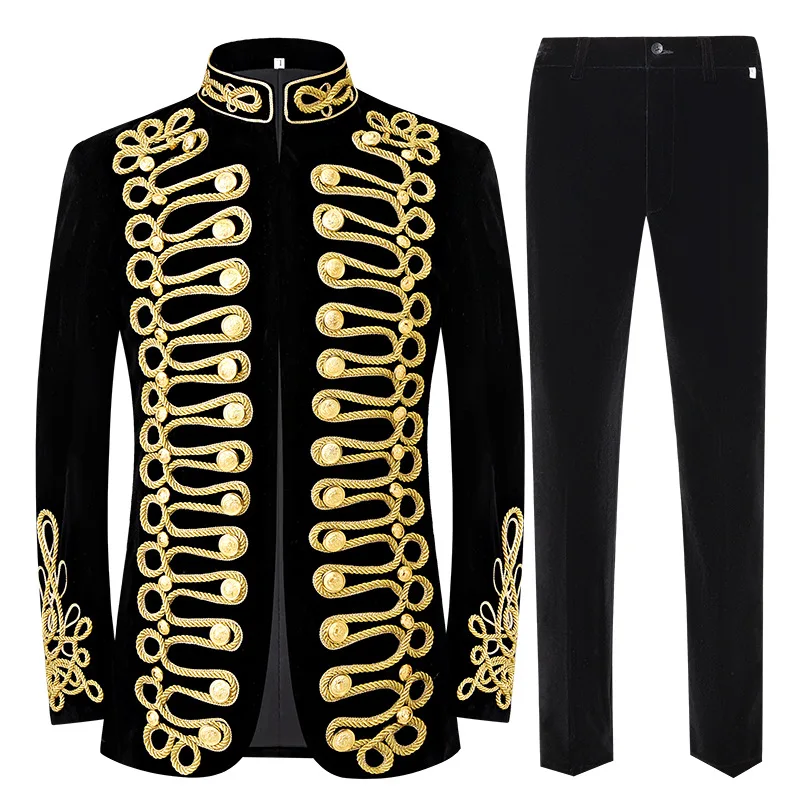 Men's Performance Outfit European Court Costume Retro Military Ceremony Gold Rope Jacket Black Embroidered Gold Thread ...