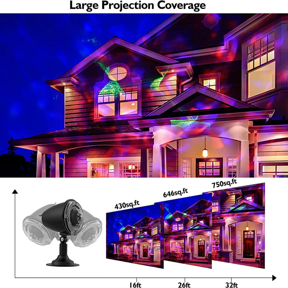 Impermeável ao ar livre LED Projector Luz, Laser Onda de Água, Aurora Holiday Spotlight, Festa de Natal e Jardim, 2 em 1