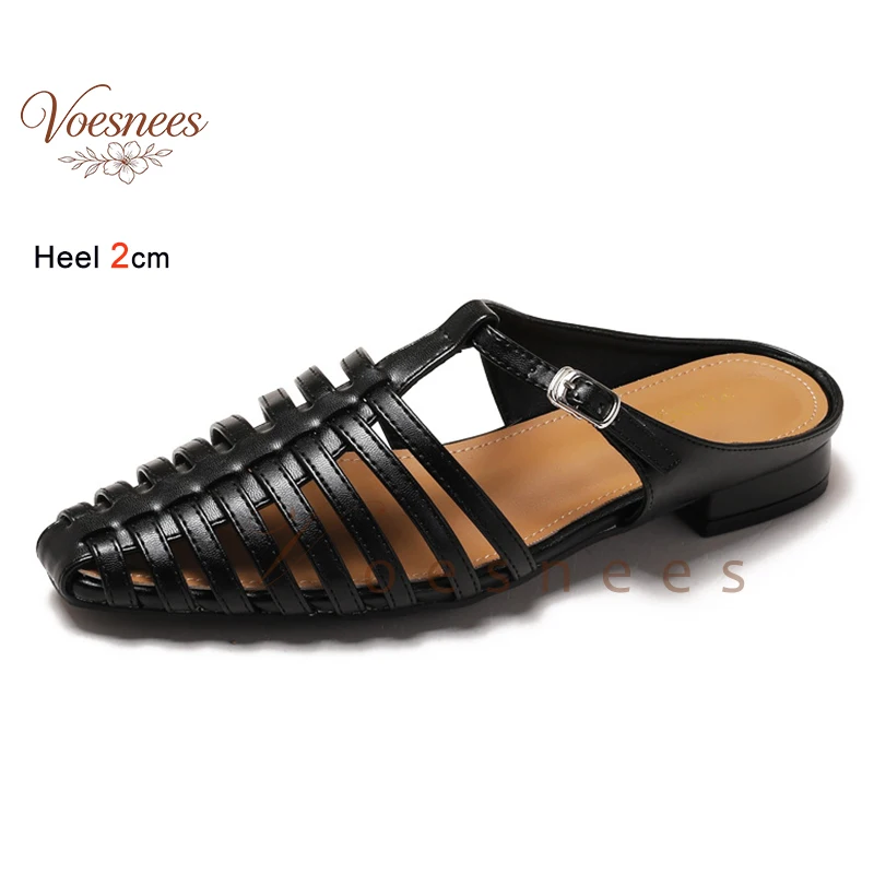 

2026 Women's Woven Mule Sandals 2cm Low Heel Closed Toe T-Strap Buckle Slippers Vintage Roman Hollow Backless Casual Flat Shoes