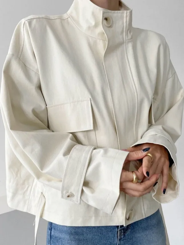 

Женская свободная рабочая одежда в стиле ретро из Гонконга Sle, пальто с воротником-стойкой, осенне-зимняя верхняя одежда, модный универсальный топ