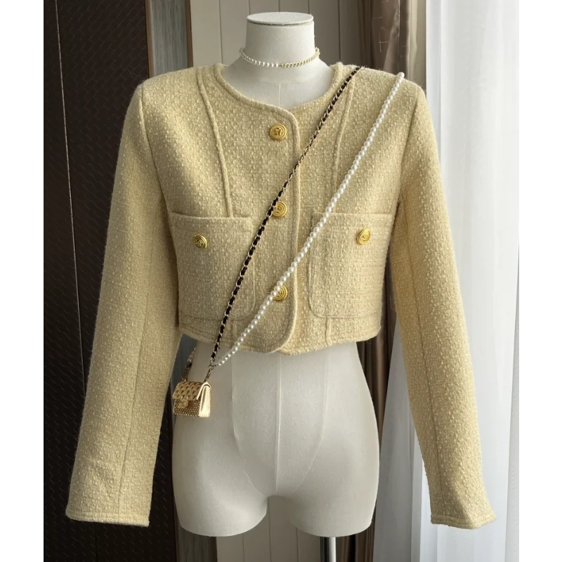 Long Sleeved Yellow Purple Small Fragrant Style Short Jacket Women Fashion Simple French Lady Tweed Sweet Jacket Autumn