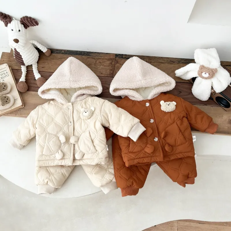 Newborn Baby Girl Boy Fleece Inside Clothes Set Hooded Jacket+Pant Infant Toddler Child Clothing Suit Coat Baby Clothes 3M-2Y