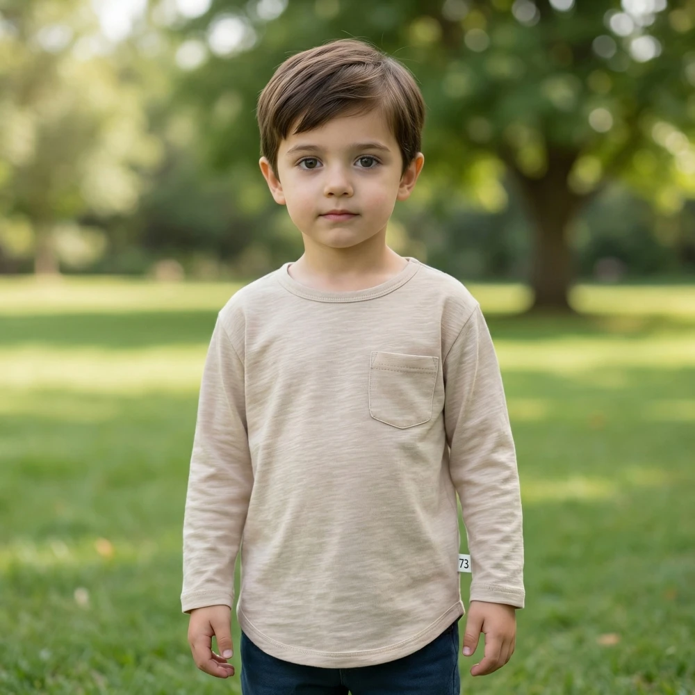 New Spring 0-5Y Childrens Clothes Slub Cotton Chest Pocket Boys T-shirt Korean Style Pure Color Long-sleeve Shirt for Boys