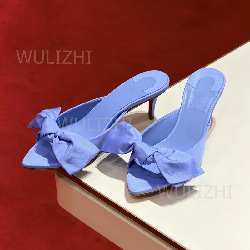 Blue Silk Bow Leather Slippers Sandals Women 6cm 10cm Colorful Canvas Knotted Pointed Open Red Party Cute Beach Shoes Girls