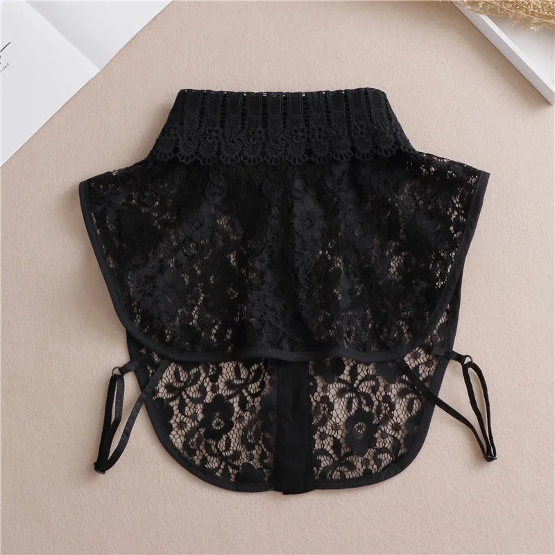 女性の刺繍ブラウス、取り外し可能なフェイクカラー付き、ホワイト/ブラックの花柄/レースハーフシャツ、レディースファッショントップ装飾