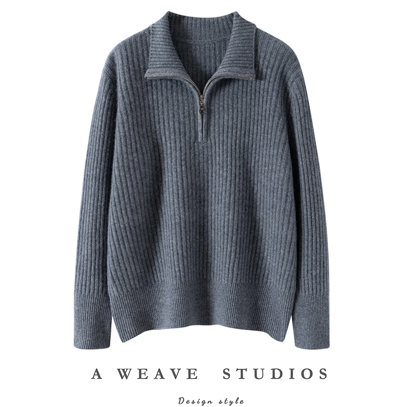 

Winter Women's 100% Cashmere Sweater Casual Solid Knitted Hoodie Bottom Sweater Loose Collar Half Zipper Tops Thick Jumper