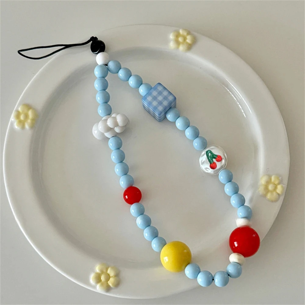 Cute Blue Clouds Cherry Beaded Phone Charm Strap Pendant For Phone Universal Accessrioes Sweet Chain Lanyard Girls Hanging Rope