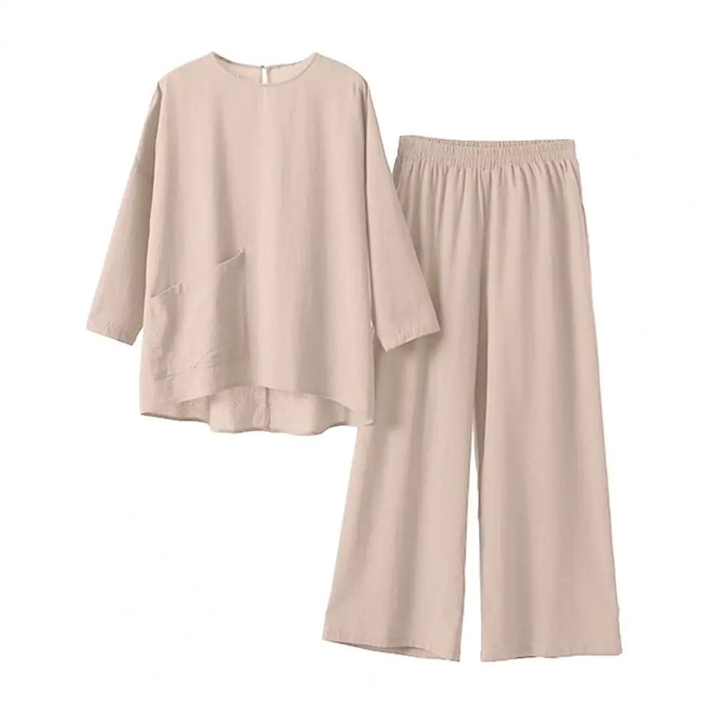 

Long Sleeve Women Suit Women's 2-piece O Neck Long Sleeve Top Wide Leg Pants Set with Loose Fit Soft Solid Color for Comfortable