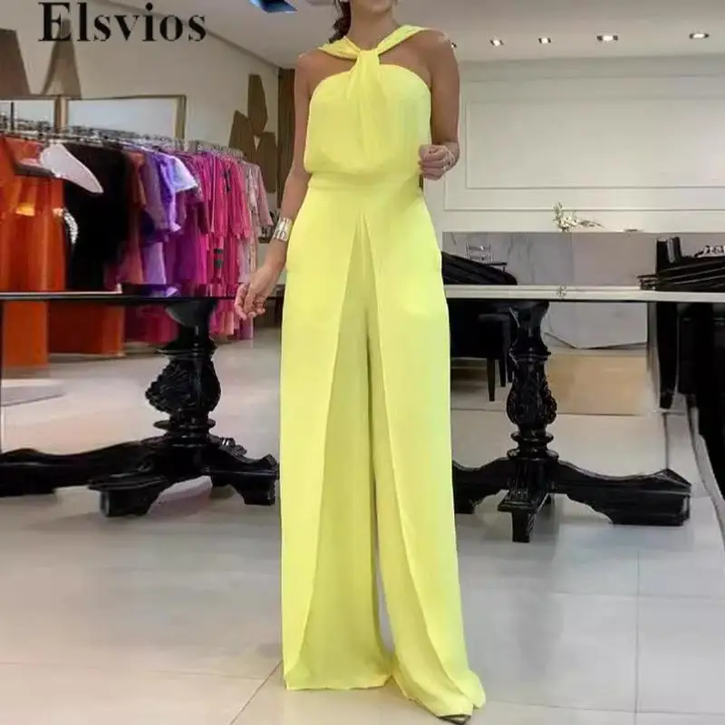 

Casual Solid Club Off Shoulder Party Rompers Summer Lady Halter Tube Top Jumpsuit Fashion Solid High Waist Slit Pants Overall