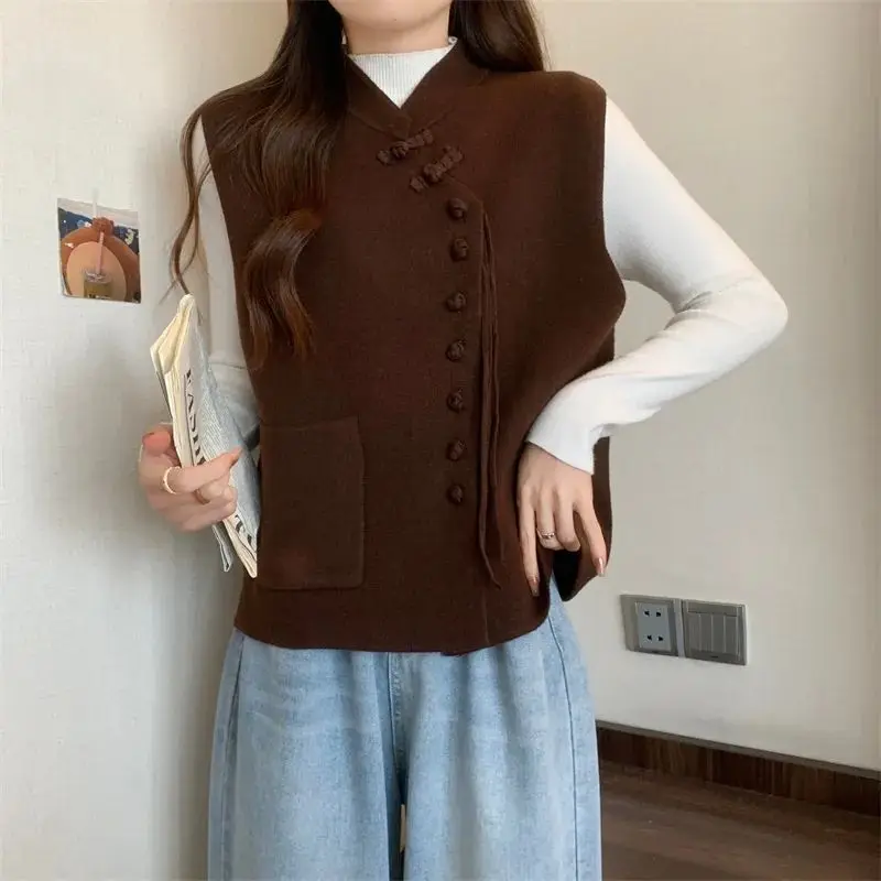 Ретро китайский стиль пряжка осень и зима новый китайский стиль жилет лошадь клип жилет кардиган свитер тренд