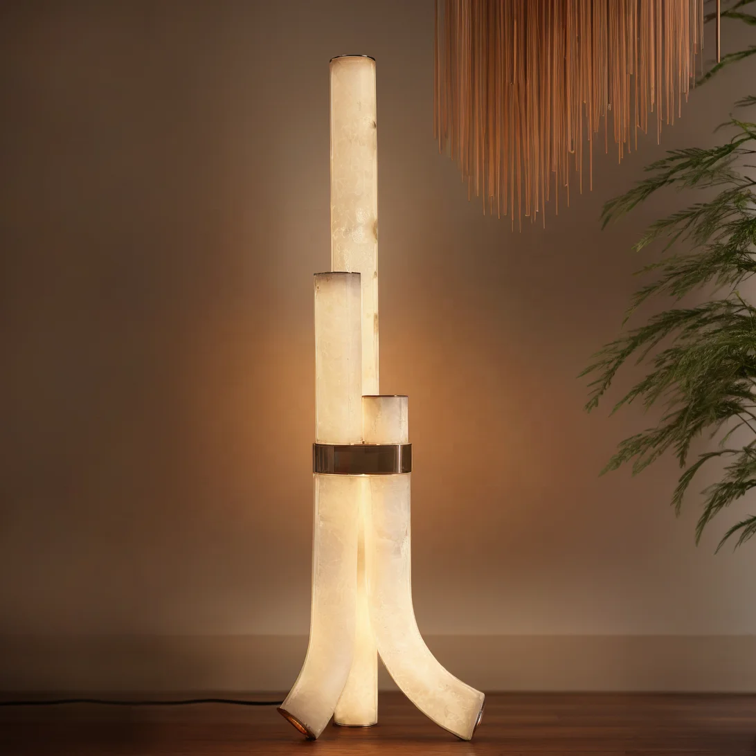 مصباح أرضي مرمر حديث من النحاس الشمالي الفاخر بثلاثة أسطوانات مصباح محطة رخامية لغرفة المعيشة في مطبخ الفندق