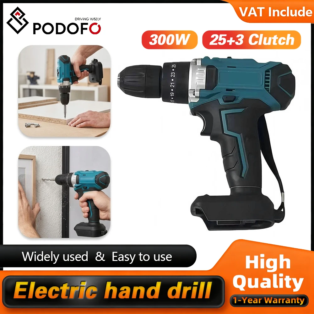 Taladro de Impacto Inalámbrico Multifunción Podofo de 300W, Taladro Eléctrico Manual con Motor de Escobillas, Herramienta Eléctrica Recargable para Madera, Metal, Plástico, Proyectos de Bricolaje y Uso Doméstico