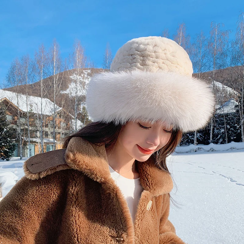 New Style Female Fashion Knitted Fluffy Real Rex Rabbit Fur Hat Women Outdoor Winter Warm Natural Fox Fur Hats Lady Knit Fur Cap