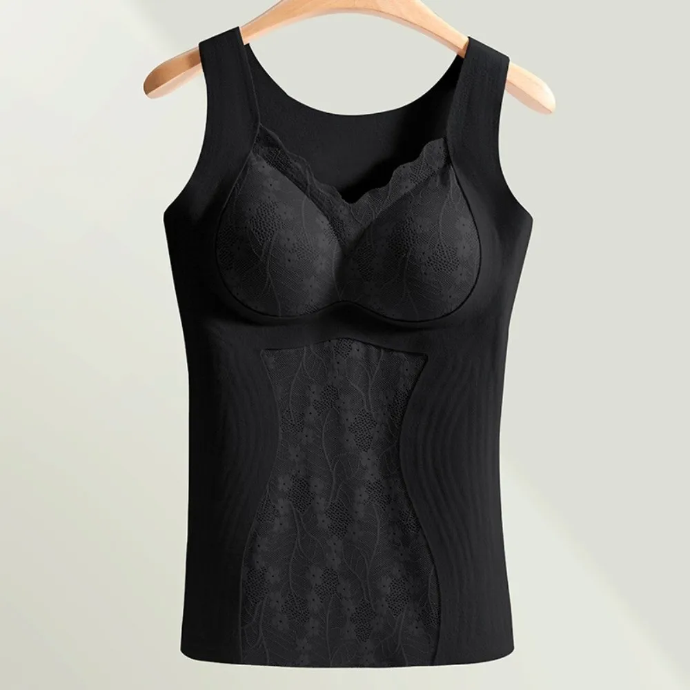 Koronkowa termoaktywna bielizna modelująca, bez rękawów, wyszczuplająca, z wkładkami, ocieplana aksamitnym polarem, zimowa kamizelka na ramiączkach.