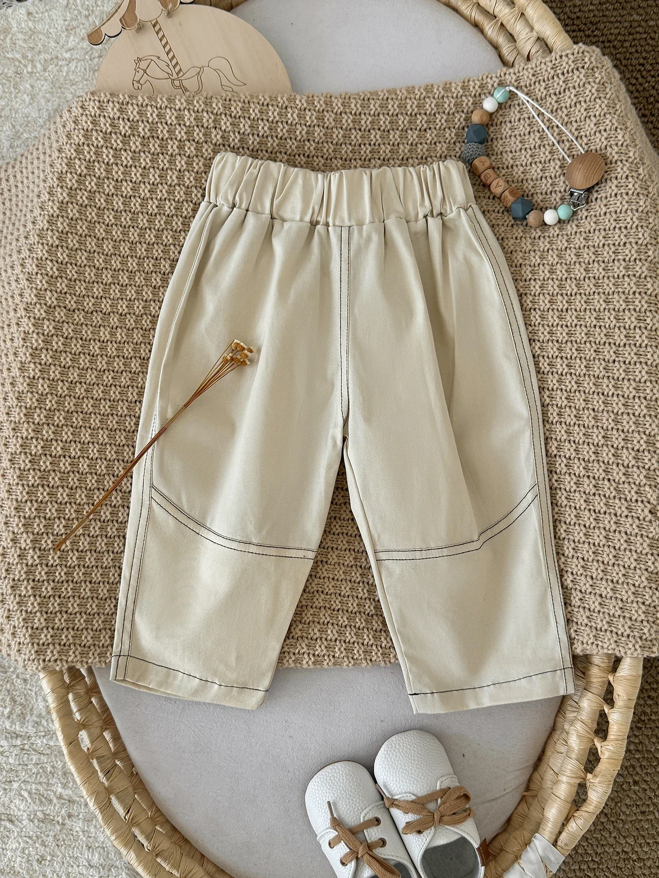 Neutral Off White Stitching Detail Baby Boy Girl Pants Elastic Waist Loose Straight Cotton Pants Kids Spring Casual Trousers
