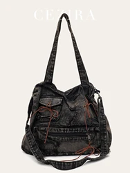 CEZIRA Retro Preppy Casual Street Y2K Women Washed Denim Fabric Handbag Large Bow Knot Decoration Cross body Shoulder Bag Unisex