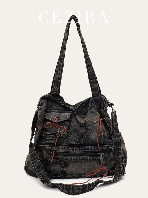 CEZIRA Retro Preppy Casual Street Y2K Women Washed Denim Fabric Handbag Large Bow Knot Decoration Crossbody Shoulder Bag Unisex