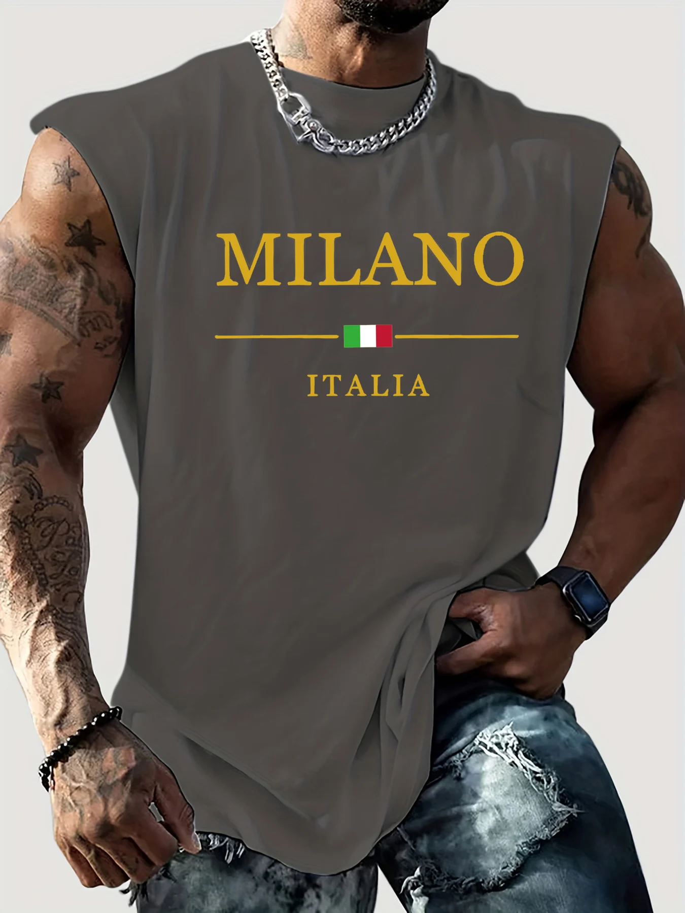 

Мужской летний повседневный спортивный жилет свободного кроя MILANO ITALIA с принтом, удобный и дышащий жилет без рукавов с круглым вырезом