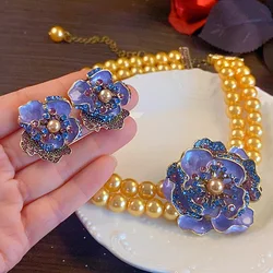 Drip Oil Rhinestone Flower Pearl Choker Necklace Earrings Rings for Women French Palace Style Retro Jewelry Set