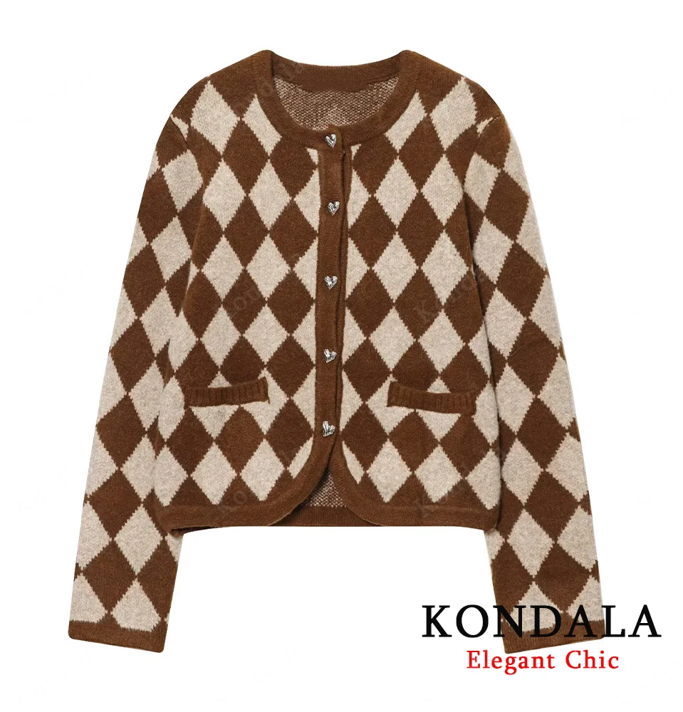 

KONDALA Women Fall Rhombus Knitted Sweater Elegant Chic Buttons Cardigan 2025 Autumn Winter Fashion Casual Ladies Knitted Tops