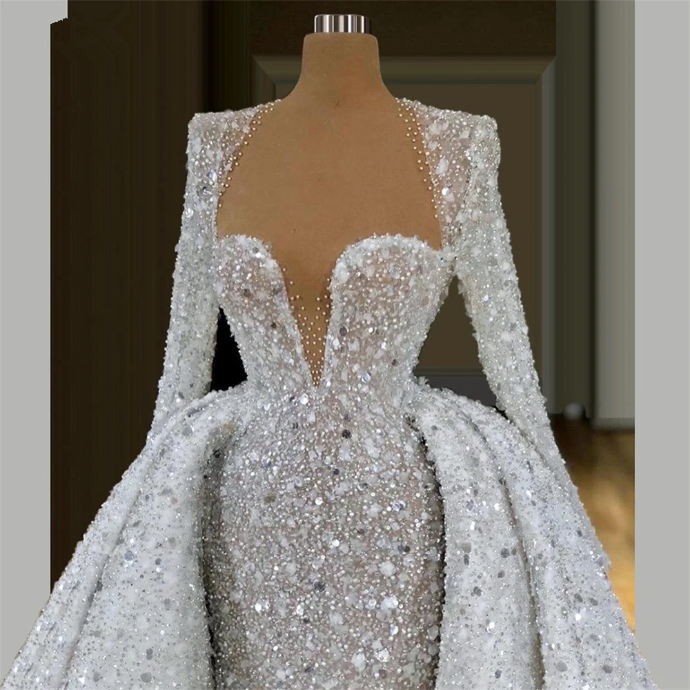 Sparking ดูผ่านชุดเดรสเมอร์เมดเลื่อม V คอชุดเจ้าสาว Custom Made ดูไบที่ถอดออกได้รถไฟ Vestido de novia