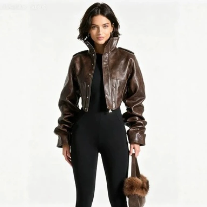 Women Coats Faux Leather Jackets Stand Collar Pu Coat Work Y2k Streetwear Jacket Zipper Sexy Slim Fit Outerwear Autumn Winter