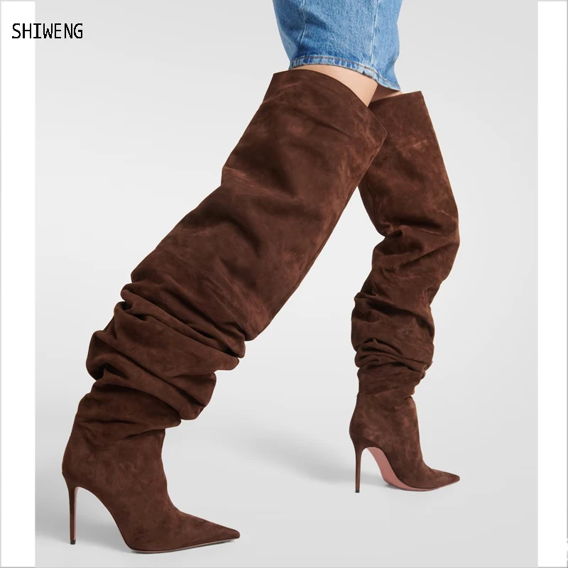 2024 Fashion Brown Over Knee Sleeve Boots Women\'s Sexy Nightclub Stage Runway Boots Denim Folds Long Boots  44