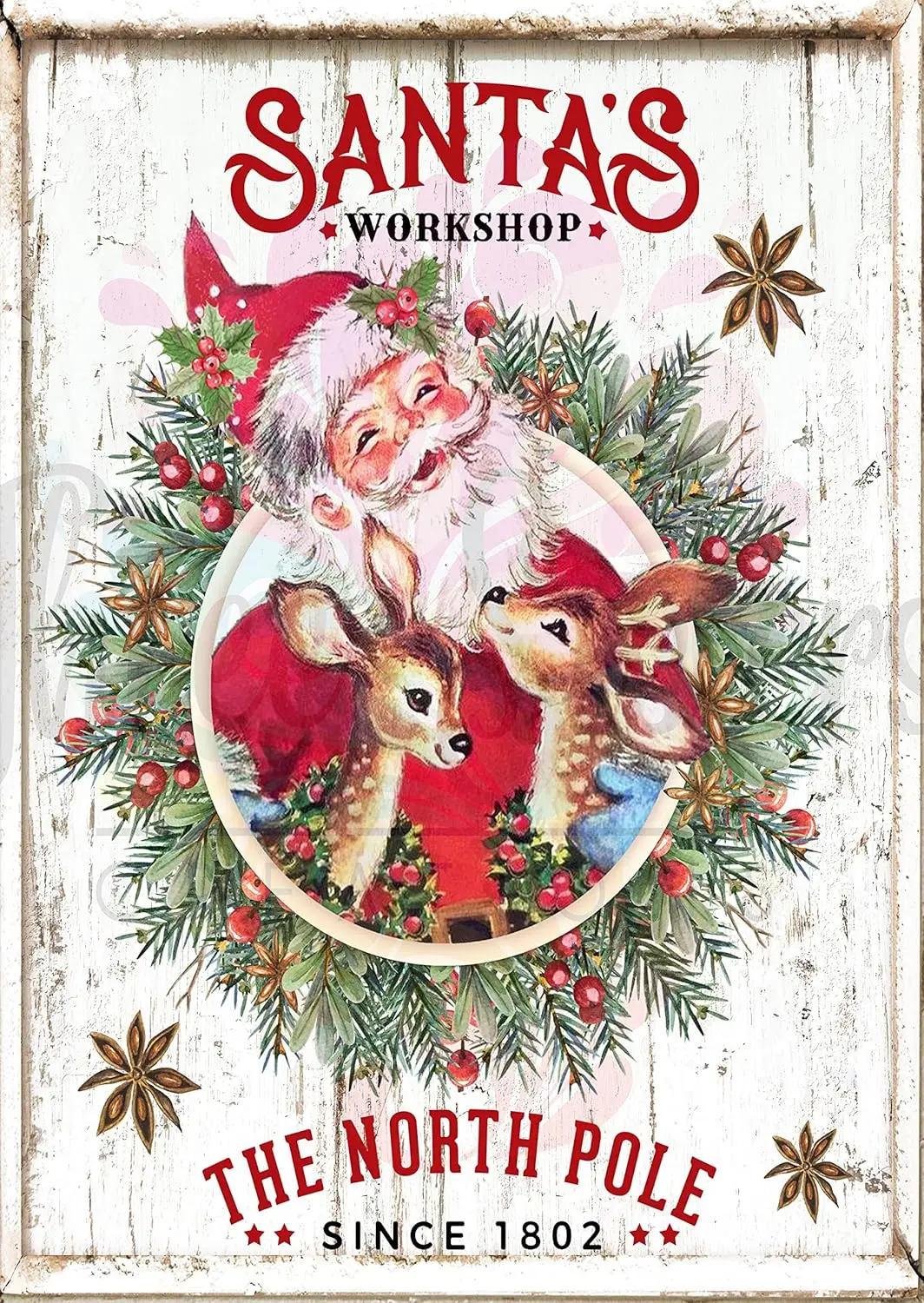 QISPIOD Santa's Workshop Sign Retro Santa Sign Retro Christmas Wreath Funny Christmas Metal Tin Sign Decor Iron Painting Wal