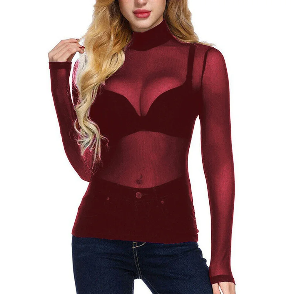 Solid Color Women's Mesh Top High Neck Long Sleeve Casual Fashion Blouse For Summer Vacation Beach Cycling Yoga