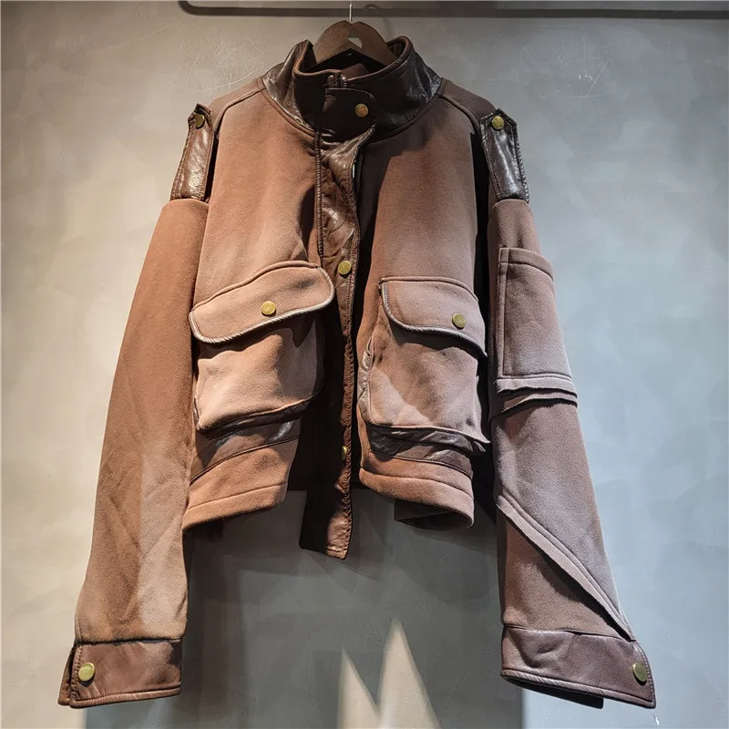 Setelan Dua Potong Berbahan Fleece dan Tebal untuk Wanita, Celana Longgar Bergaya dengan Kantong Besar, Jaket Kulit Bergaya Keren dengan Gesper untuk Musim Gugur dan Musim Dingin