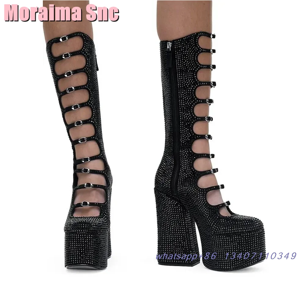 Luxury Crystal Platform Belt Buckle Sandals Boots Block Chunky Heel Round Toe Side Zipper Hollow Sexy Women's Summer Shoes Black