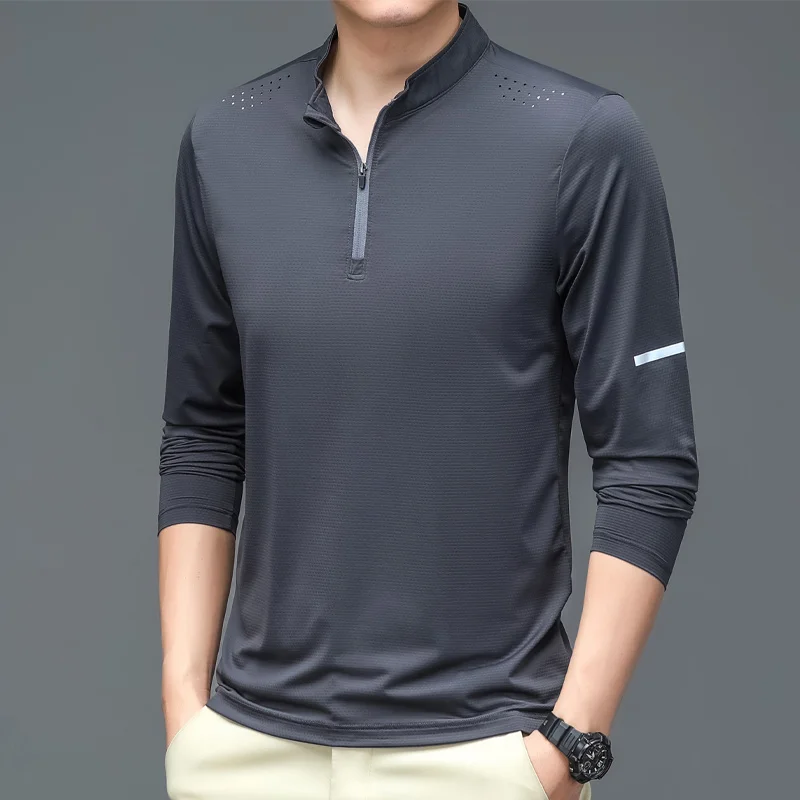 New Herren Casual Business T-Shirt lang ärmel ige einfarbige lose elastische Oberteile schnell trocknende Eisse ide Stehkragen Herren