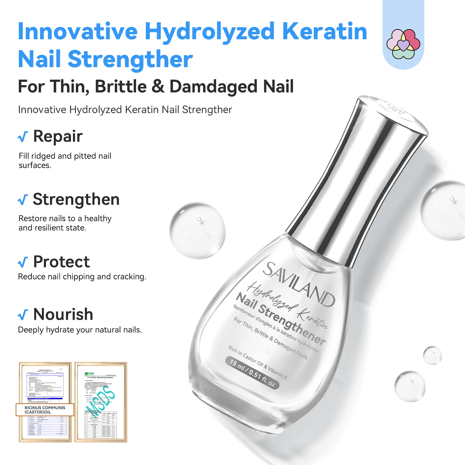 SAVILAND مقوي الأظافر المتقدم 15 مل زيت الخروع فيتامين تركيبة الهواء الجاف المخصبة للأظافر الصحية القوية تدوم طويلاً
