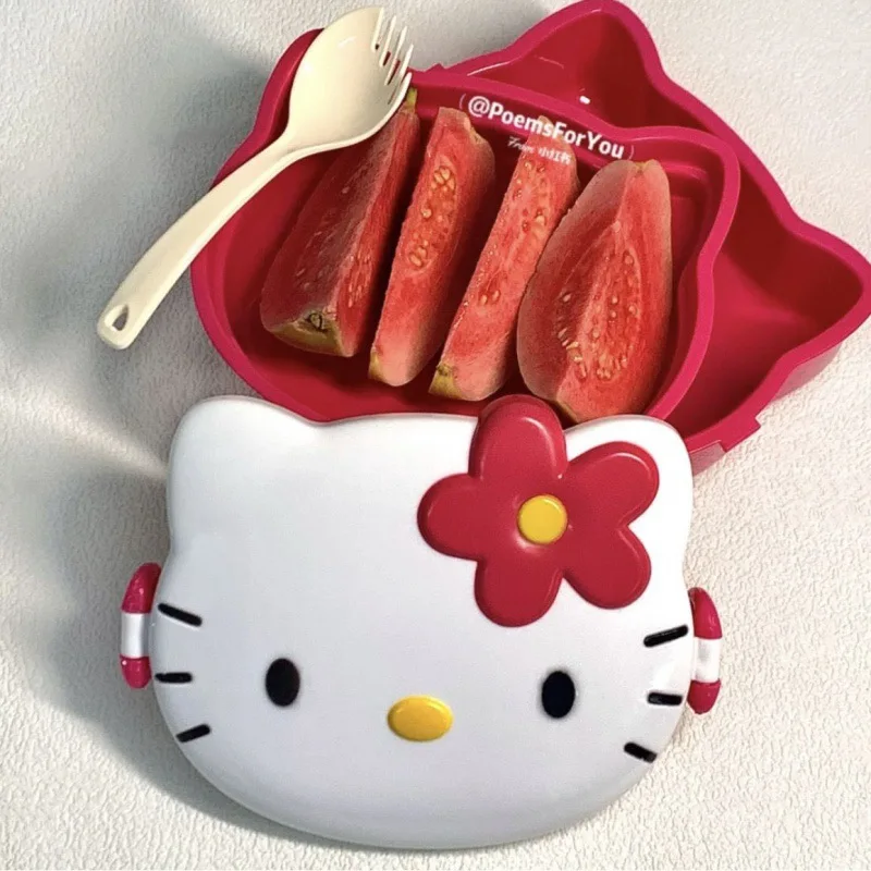 Hello Kitty Anime Cartoon Lunch Box Estojo de plástico para alimentos, Talheres selados, gato bonito KT Sanrio Cartoon, presentes para crianças