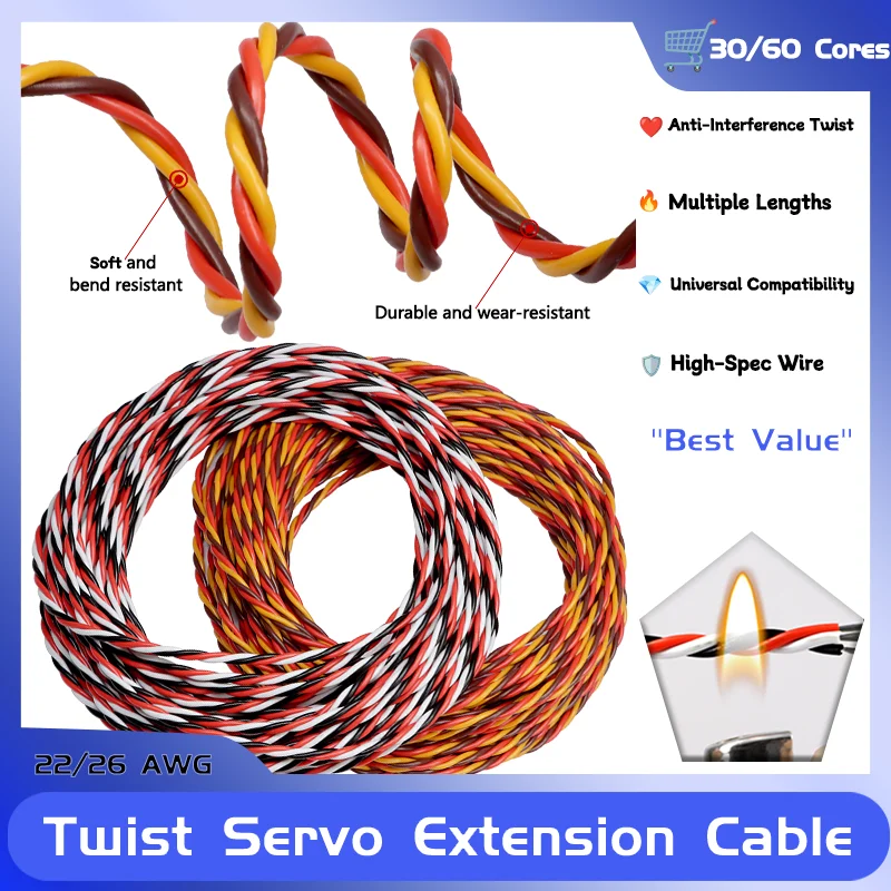 

3 way Twist Servo Extension Cable 22/26 AWG 30/60 Cores JR Futaba Twisted Wire Lead For RC Airplane Accessories 5/10/20M