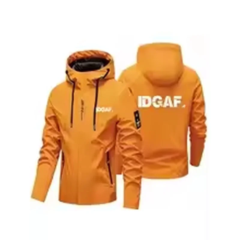 2027 New Model Men Urban Streetwear Hooded Windbreaker Jacket Bold IDGAF Text Print Full Zip Wind Resistant Casual Outer Coat