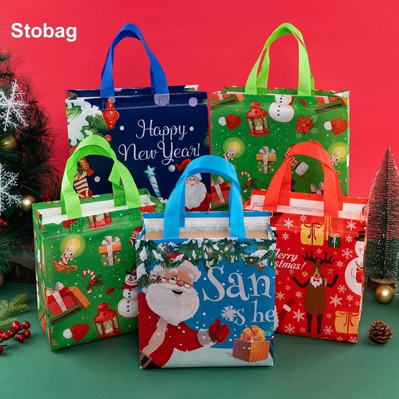 StoBag 12pcs Merry Christmas Non-woven Tote Bags Gift Packaging Fabric Waterproof Candy Storage Reusable Large Pouches Party