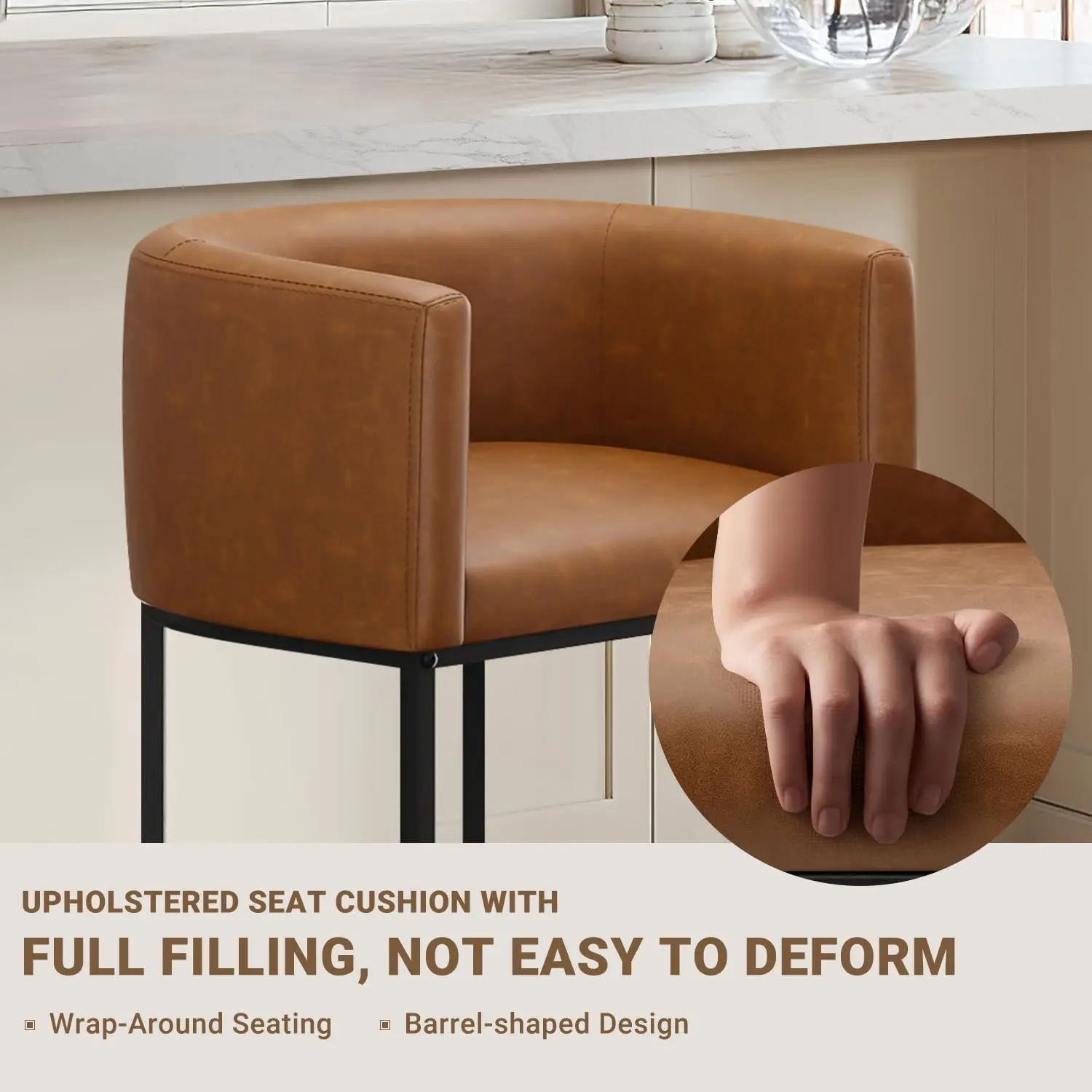 26" H Counter Height Bar Stools Set of 2, Modern Barrel Counter Stools with Backrest and Arms, Faux Leather Upholstered Accent B view 4