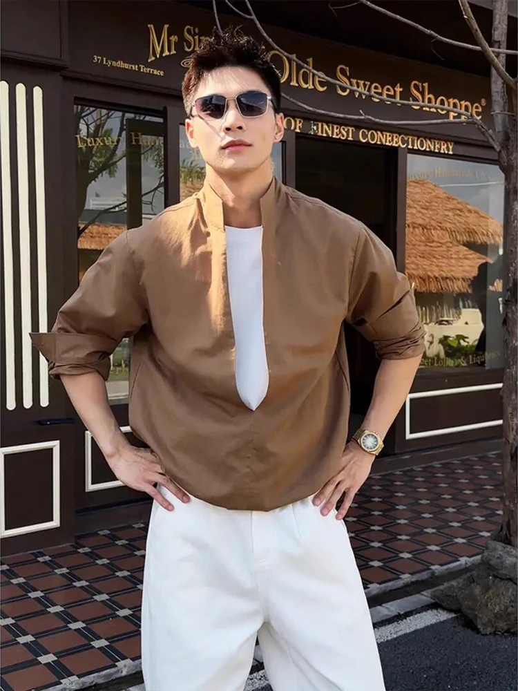 

Retro Coffee Color Linen Long Sve irt Men's Casual Early Autumn Haome Casual Outerwear Fake Two-Piece Loose Fit