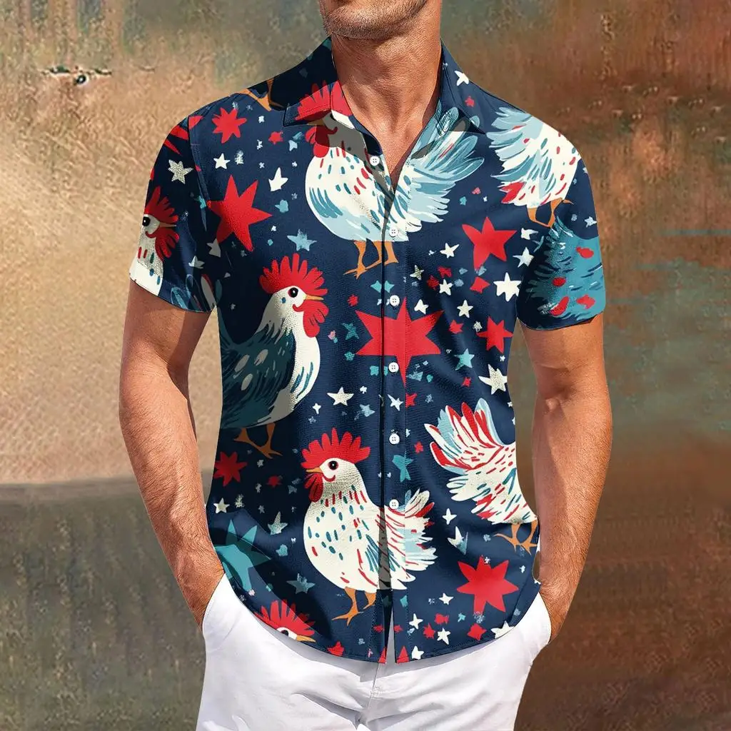 Men's Spring Summer 3D Printed Lapel Shirt, Navy Base Red White Rooster Five Point Star American Retro Street Top