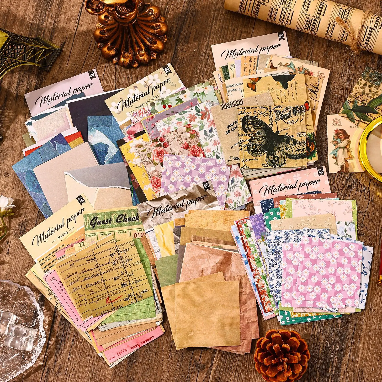 6Style 60Pcs/bag handbook book bottoming material bag new time stamp vintage material paper DIY decoration