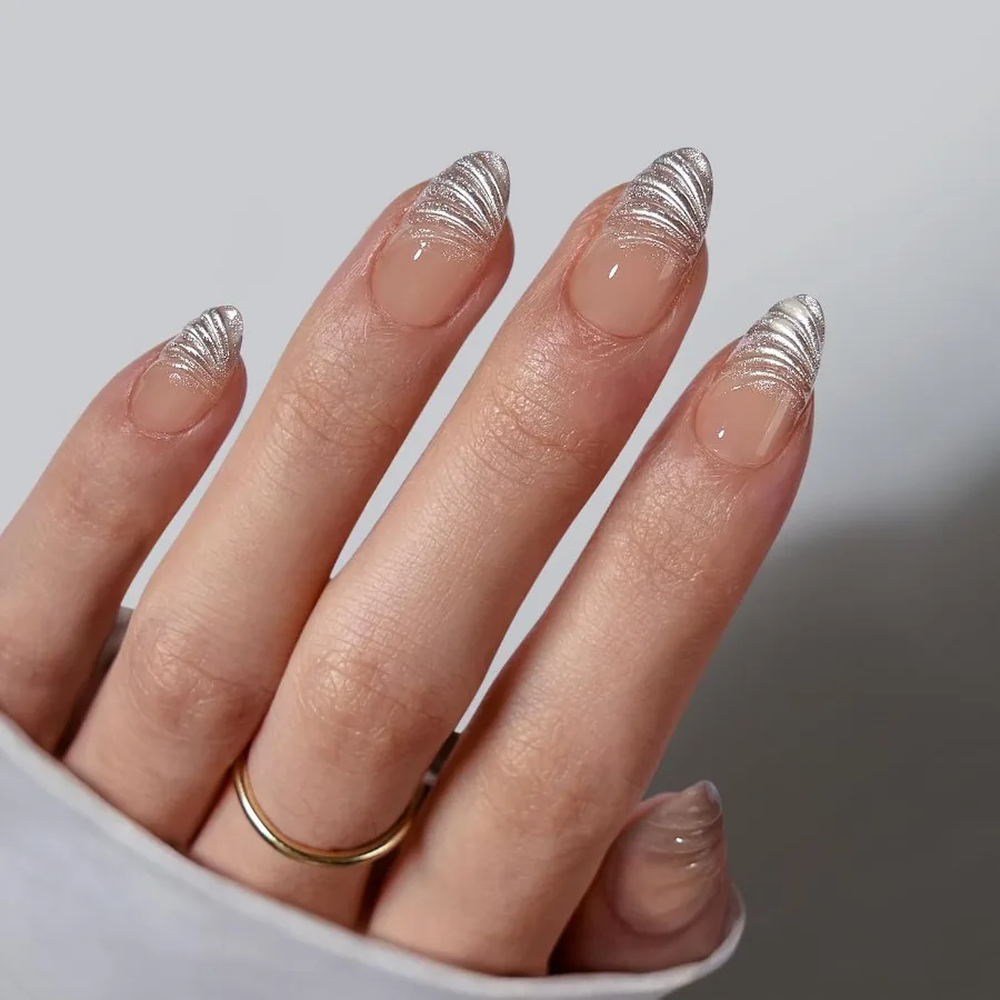 

French Tip Press On Nails для женщин LampCurable 3D Sculpting Короткая миндалевидная форма с клеем Полупрозрачный мягкий гелевый дизайн 16Si