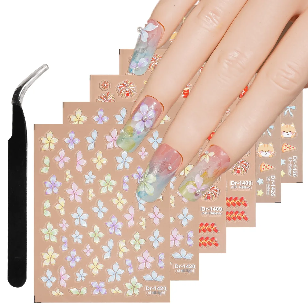 

6pcs Flowers New Year Festive Kitten Food Nail Stickers 5D Embossed Kawaii Sweet Cute Decals Women DIY Manicure with Tweezer