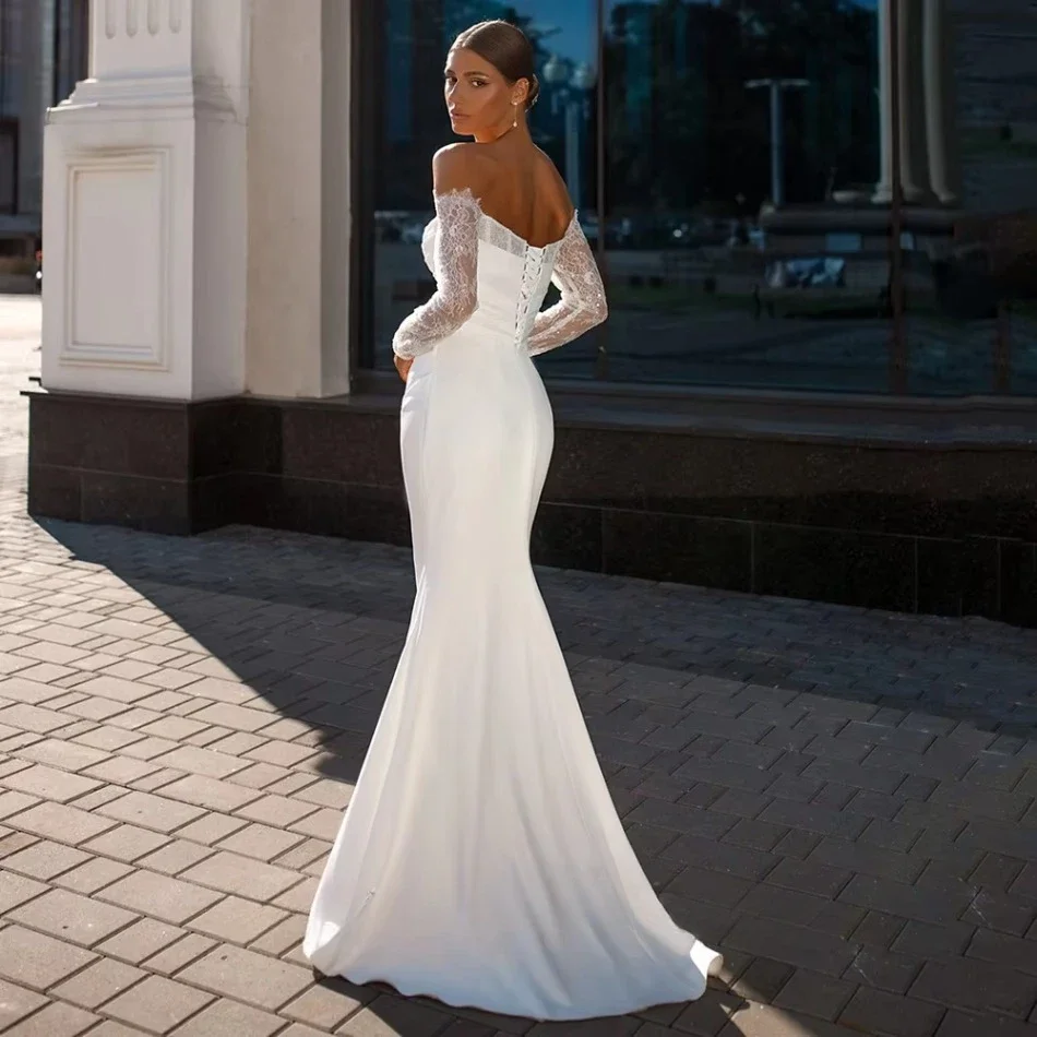 Satin Wedding Dress Off Shoulder Long Lace Sleeves Ruched Bodice Mermaid Bridal Gowns Sweep Train Simple Bride Vestido De Noiva
