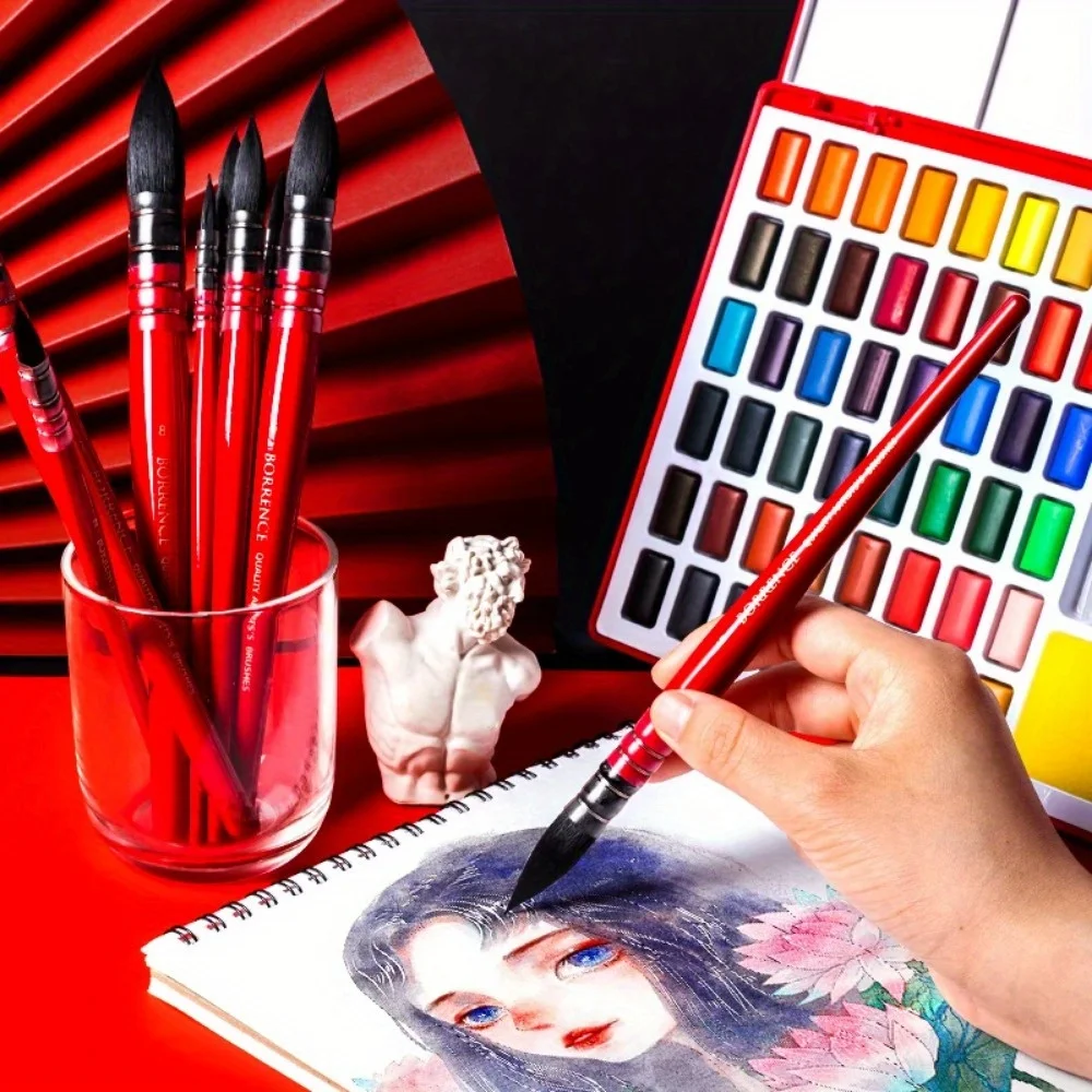 فرشاة ألوان مائية حمراء دهنية مصنوعة من شعر السنجاب لطلاء دائري خشبي مثالي - خط طرف - فرشاة رسم بالألوان المائية