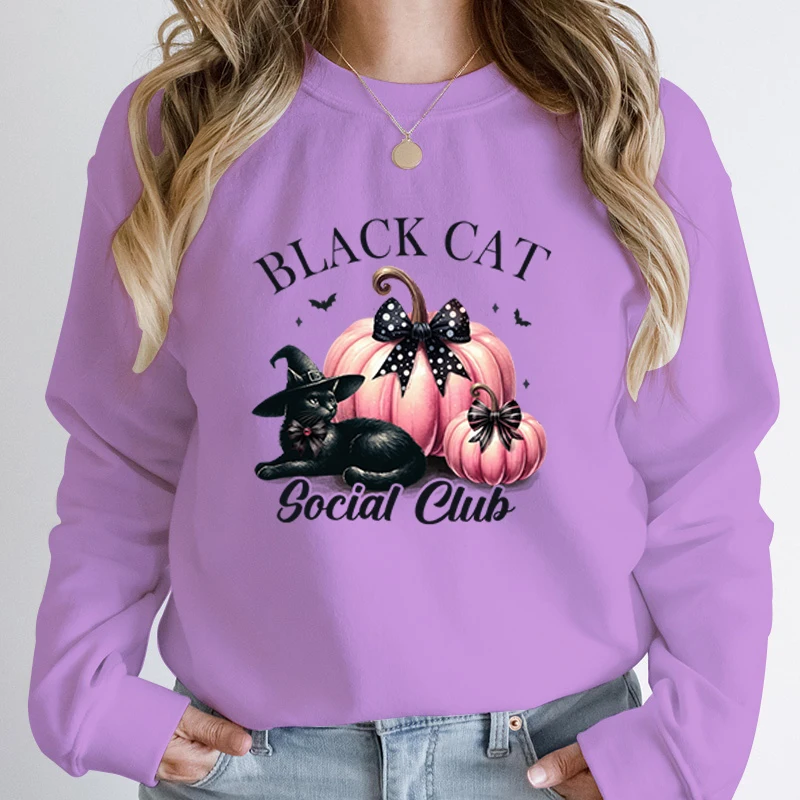 Women Fashion Creative Halloween Pumpkin Black Cat Social Club Print Pullover Long Sleeve Graphic Plus Size Hoodeless Sweatshirt