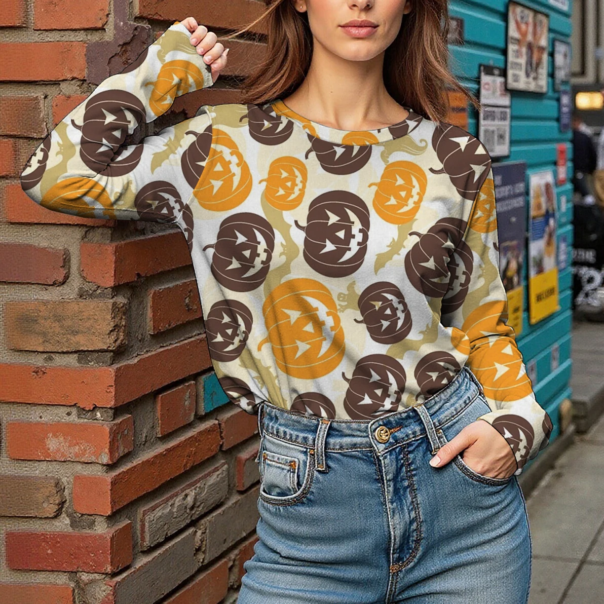 

Осенняя женская футболка с длинными рукавами, круглым вырезом и рождественским рисунком тыквы, удобная и модная.