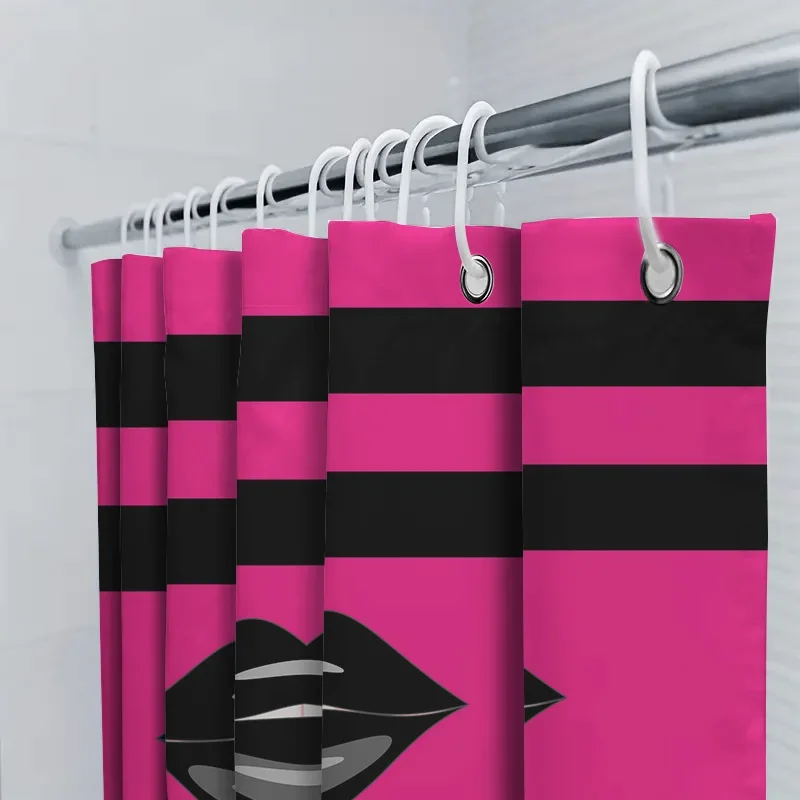 Bright Pink Black Striped Shower Curtain with Lip Design for Bathroom Decor Waterproof Bath Liner view 5