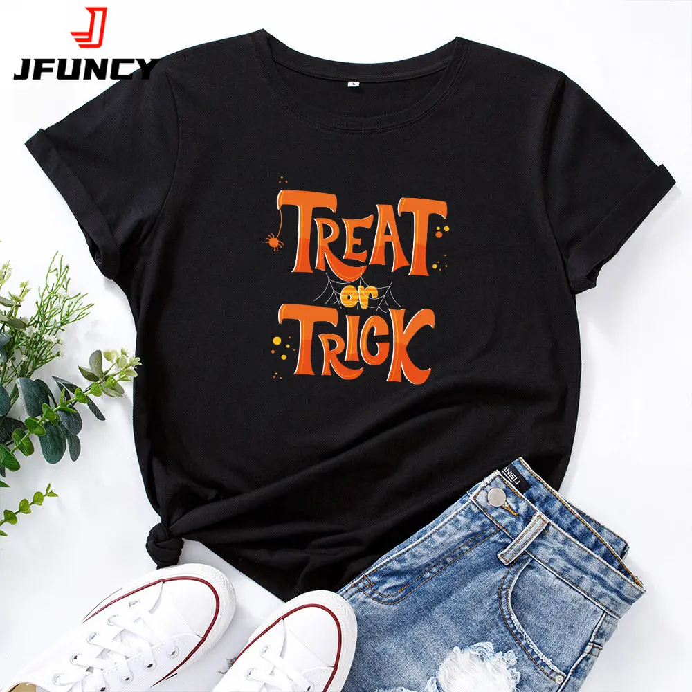 Jfuncy 5xl camiseta feminina verão dia das bruxas letras impressão camisetas de manga curta mulher tshirt 100% algodão feminino topos